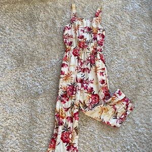 Jumper with cropped ankles, pink Hawaiian floral, cream linen. Size XS